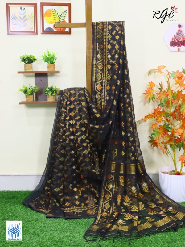 Black Pure Resham Dhakai Muslin Jamdani Saree
