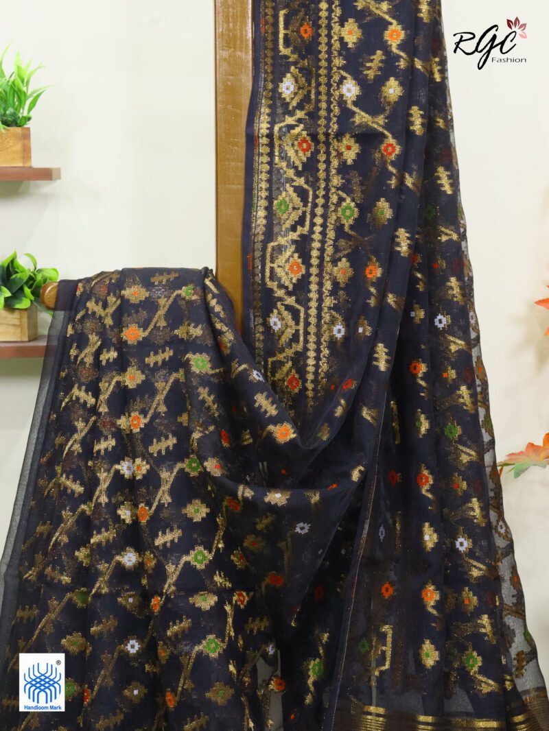 Black Pure Resham Dhakai Muslin Jamdani Saree - Image 8