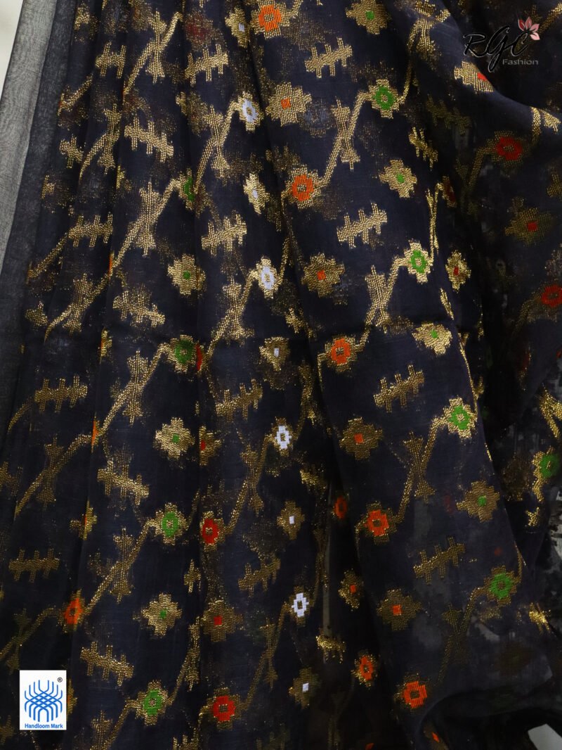 Black Pure Resham Dhakai Muslin Jamdani Saree - Image 9