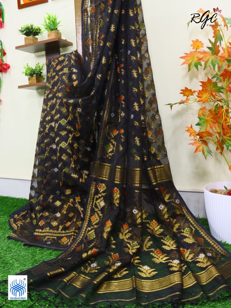 Black Pure Resham Dhakai Muslin Jamdani Saree - Image 10