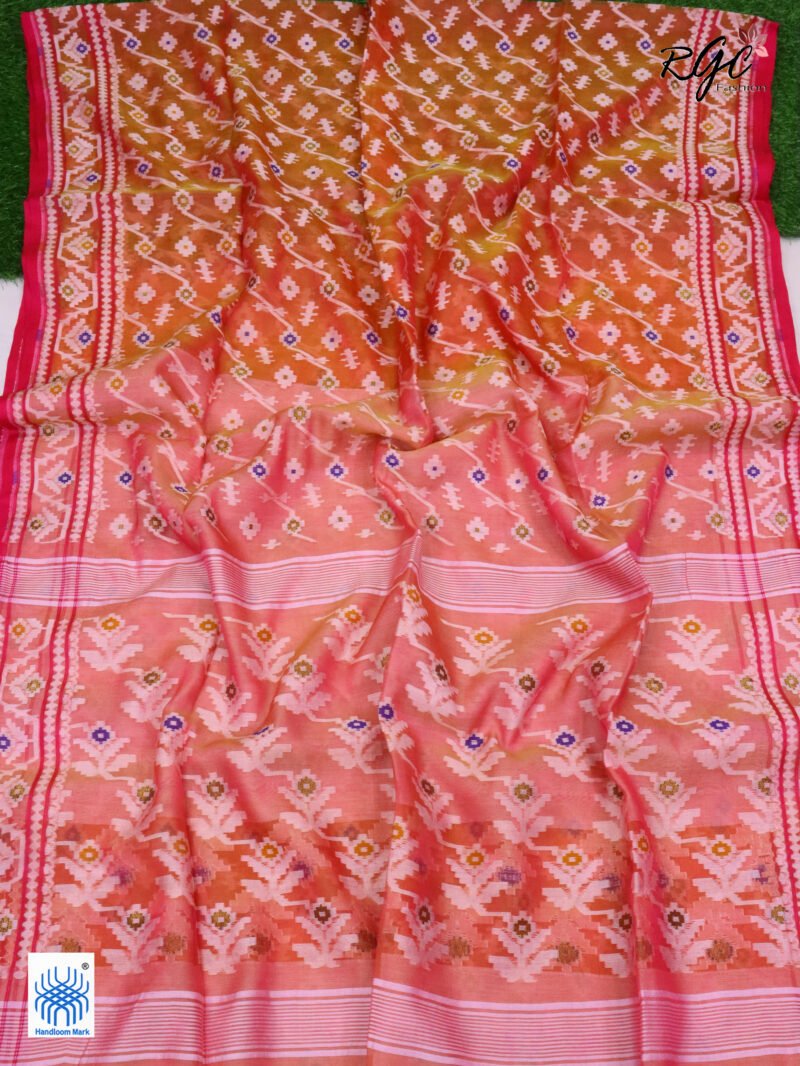Dual Tone Pure Resham Dhakai Muslin Jamdani Saree - Image 7