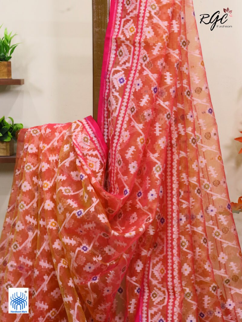 Dual Tone Pure Resham Dhakai Muslin Jamdani Saree - Image 8