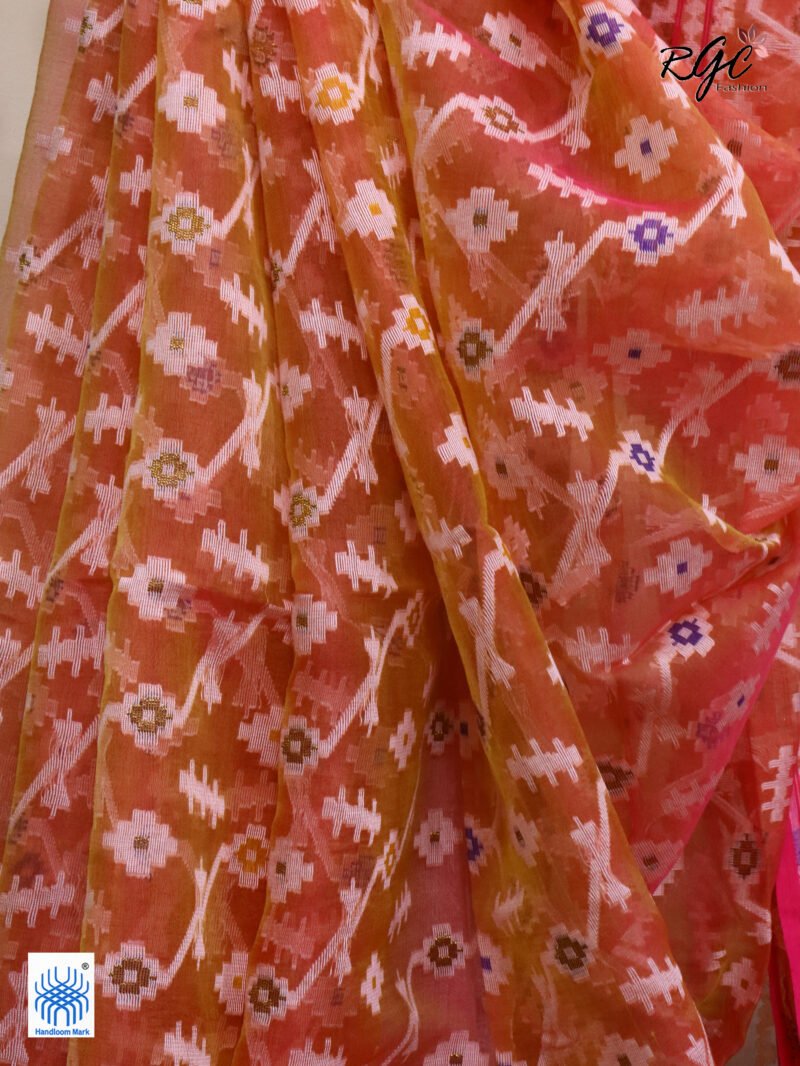 Dual Tone Pure Resham Dhakai Muslin Jamdani Saree - Image 9