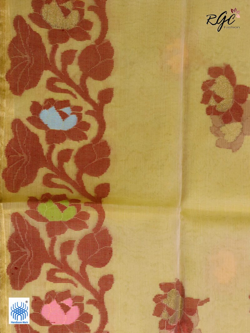 Light Yellow Muslin Silk Multicolor Mina Lotus Work Jamdani Saree - Image 2