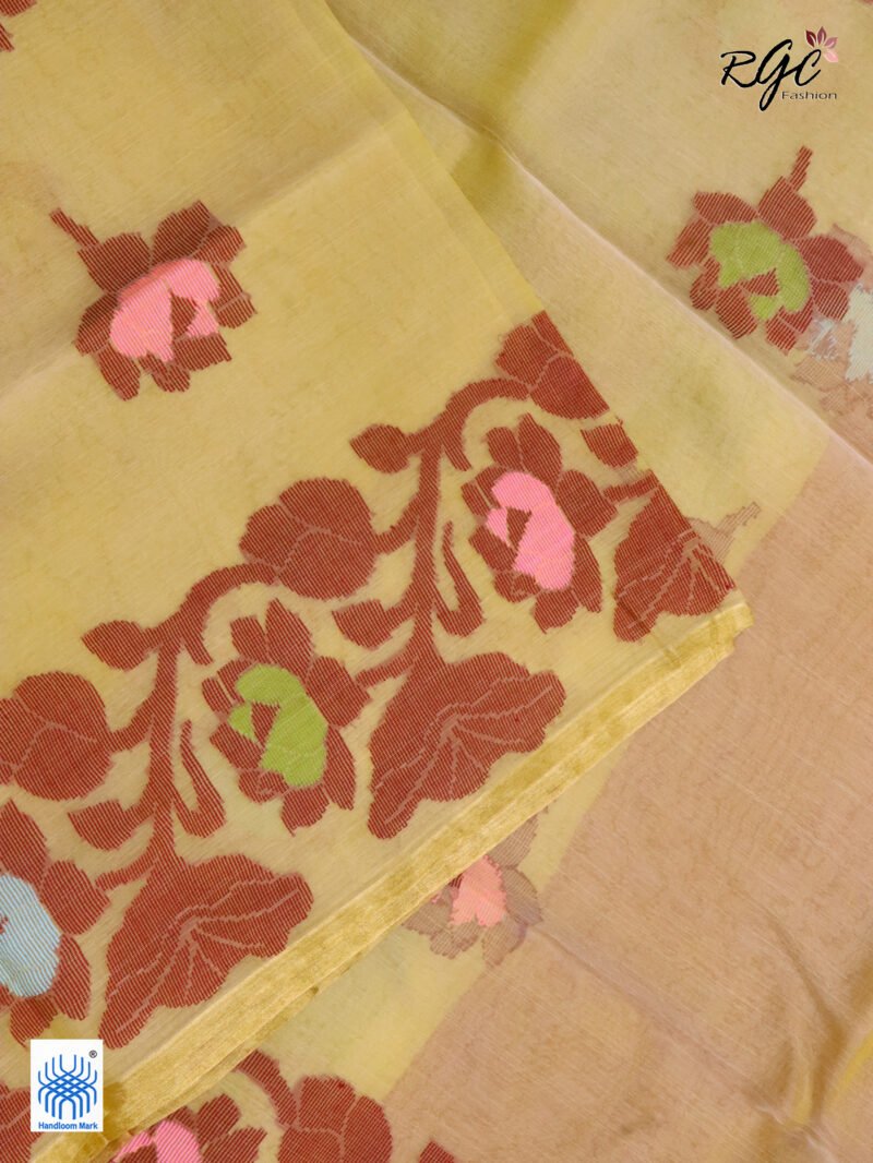 Light Yellow Muslin Silk Multicolor Mina Lotus Work Jamdani Saree - Image 3