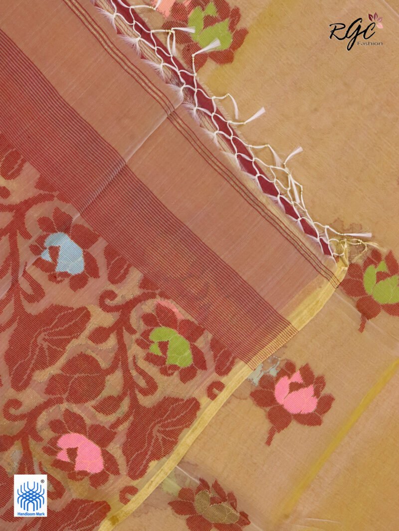 Light Yellow Muslin Silk Multicolor Mina Lotus Work Jamdani Saree - Image 4