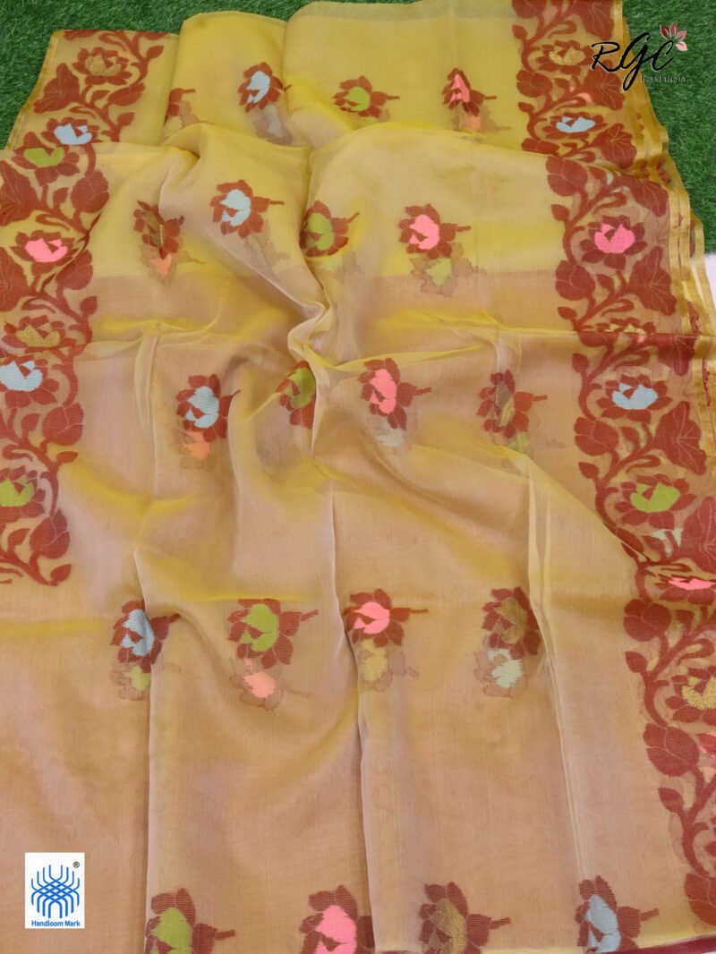 Light Yellow Muslin Silk Multicolor Mina Lotus Work Jamdani Saree - Image 5