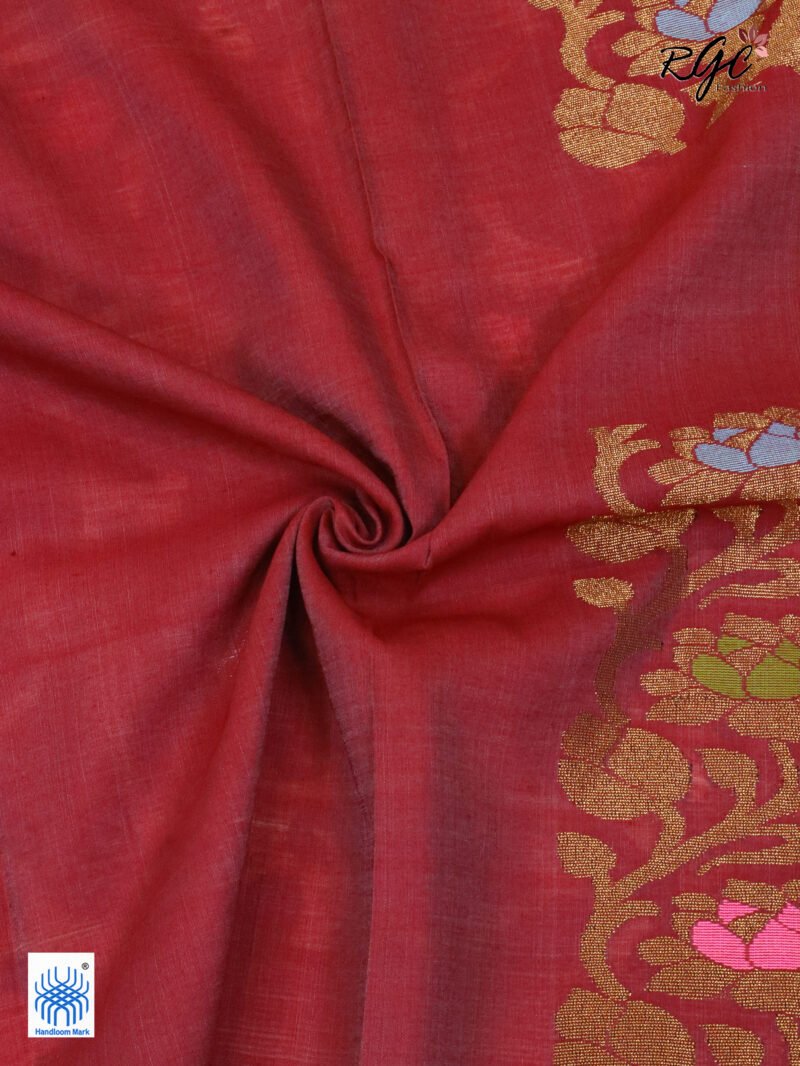 Light Yellow Muslin Silk Multicolor Mina Lotus Work Jamdani Saree - Image 6