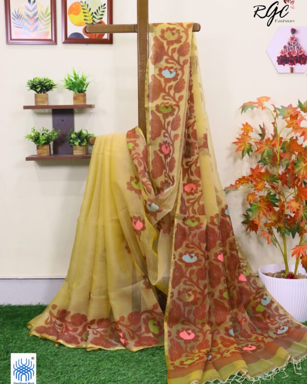 Light Yellow Muslin Silk Multicolor Mina Lotus Work Jamdani Saree