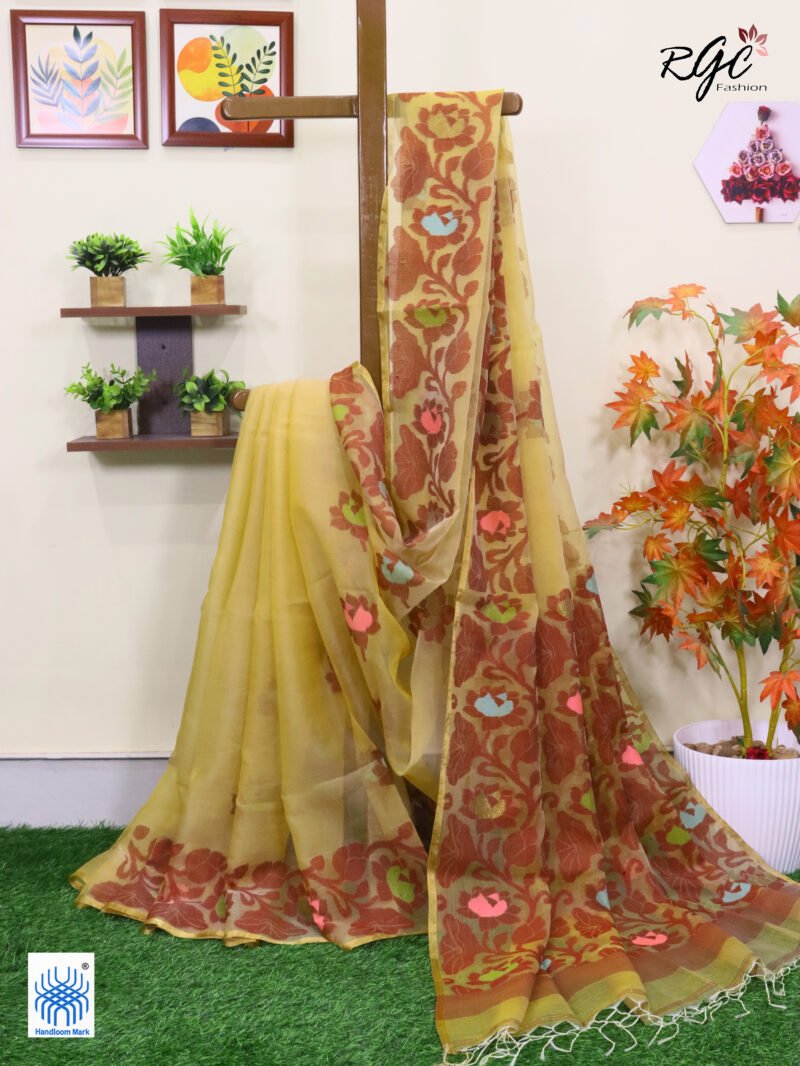Light Yellow Muslin Silk Multicolor Mina Lotus Work Jamdani Saree