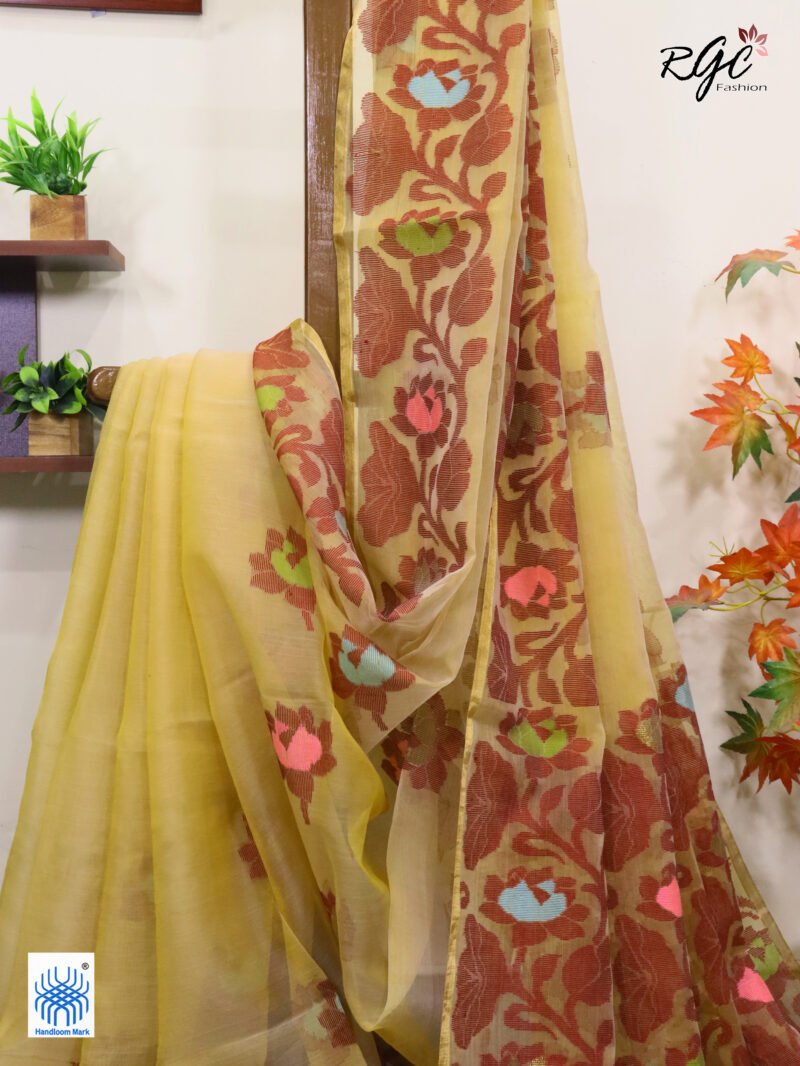 Light Yellow Muslin Silk Multicolor Mina Lotus Work Jamdani Saree - Image 8