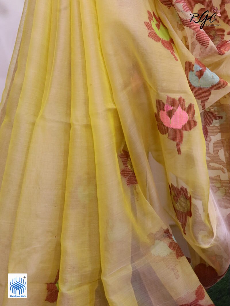 Light Yellow Muslin Silk Multicolor Mina Lotus Work Jamdani Saree - Image 9