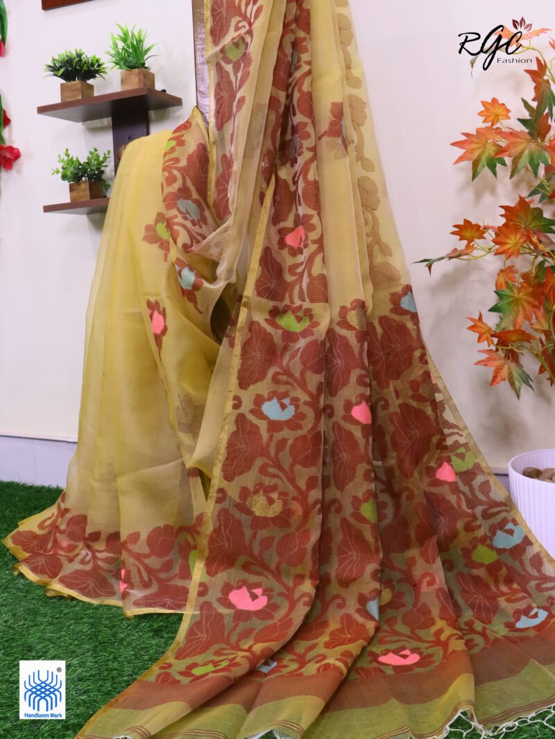 Light Yellow Muslin Silk Multicolor Mina Lotus Work Jamdani Saree - Image 10