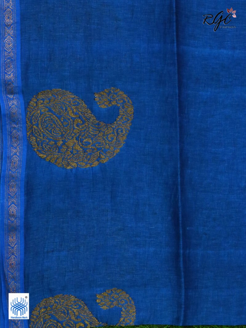 Royal Blue Paisly Organic Linen Jamdani Saree - Image 2