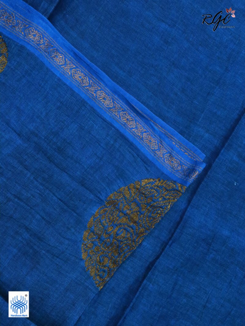 Royal Blue Paisly Organic Linen Jamdani Saree - Image 3