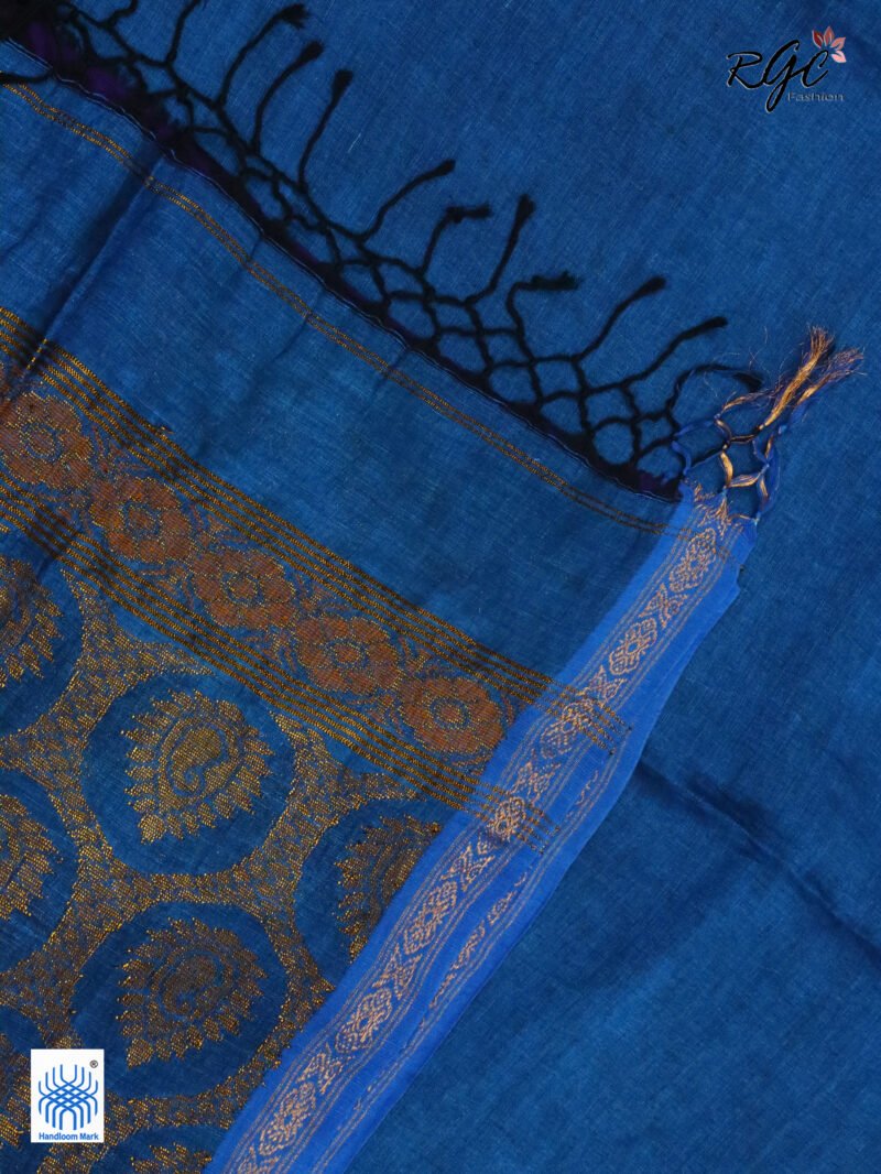 Royal Blue Paisly Organic Linen Jamdani Saree - Image 5
