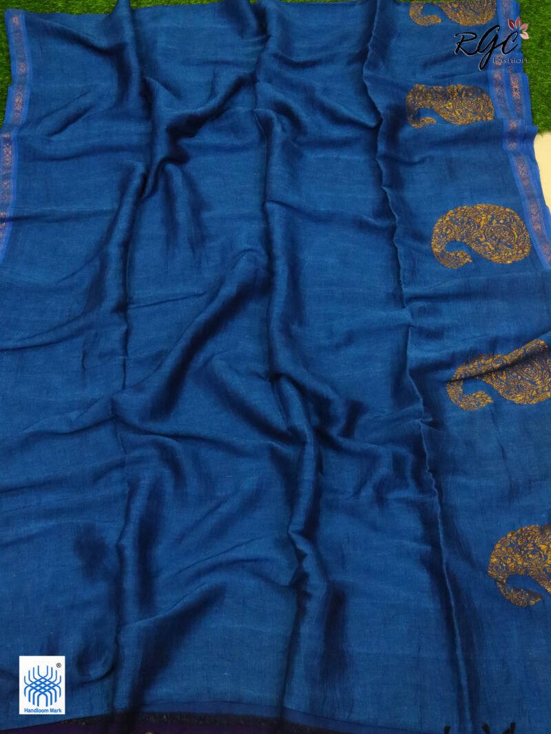 Royal Blue Paisly Organic Linen Jamdani Saree - Image 6