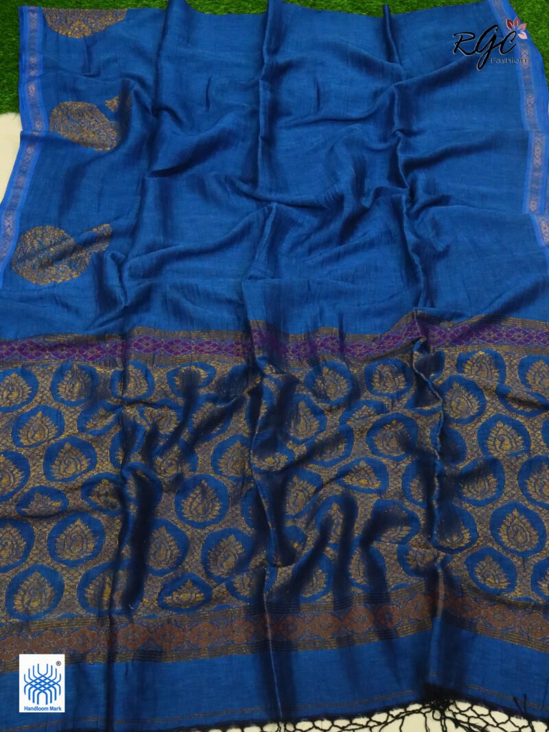 Royal Blue Paisly Organic Linen Jamdani Saree - Image 7