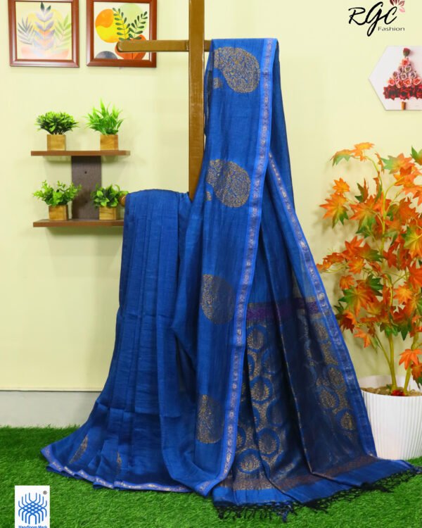 Royal Blue Paisly Organic Linen Jamdani Saree