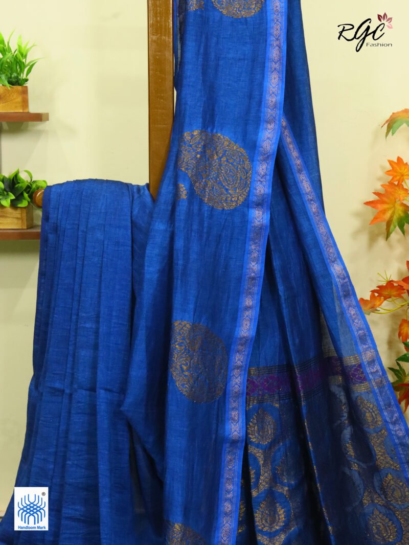 Royal Blue Paisly Organic Linen Jamdani Saree - Image 8