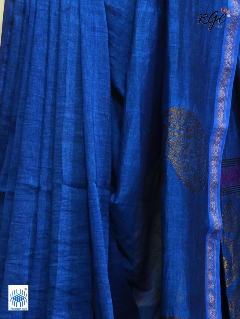 Royal Blue Paisly Organic Linen Jamdani Saree - Image 9