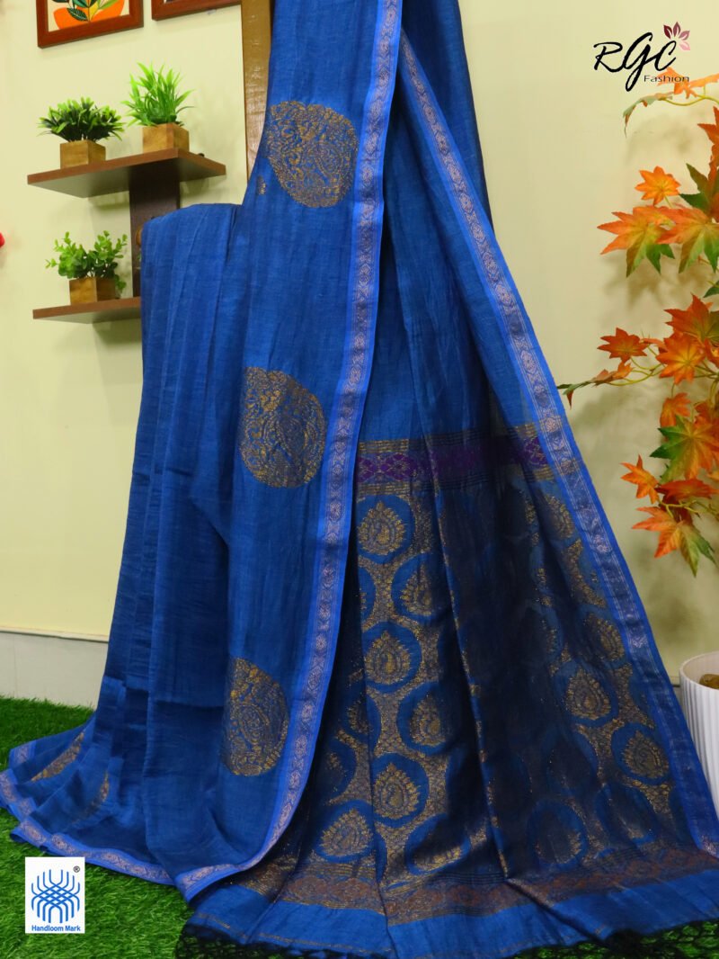 Royal Blue Paisly Organic Linen Jamdani Saree - Image 10