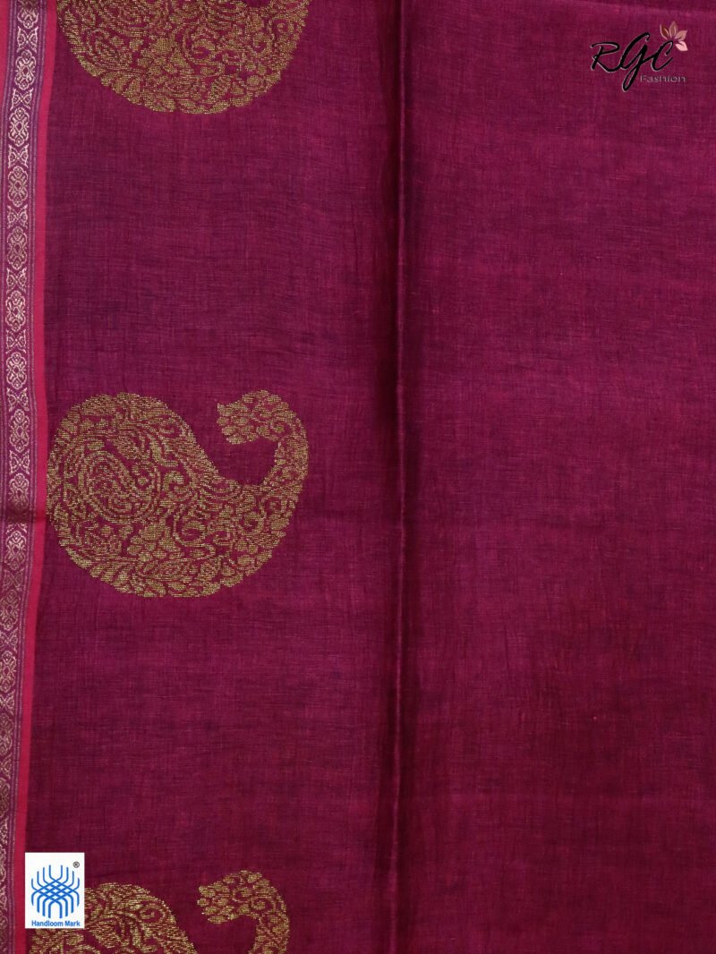 Beetroot Paisly Organic Linen Jamdani Saree - Image 2