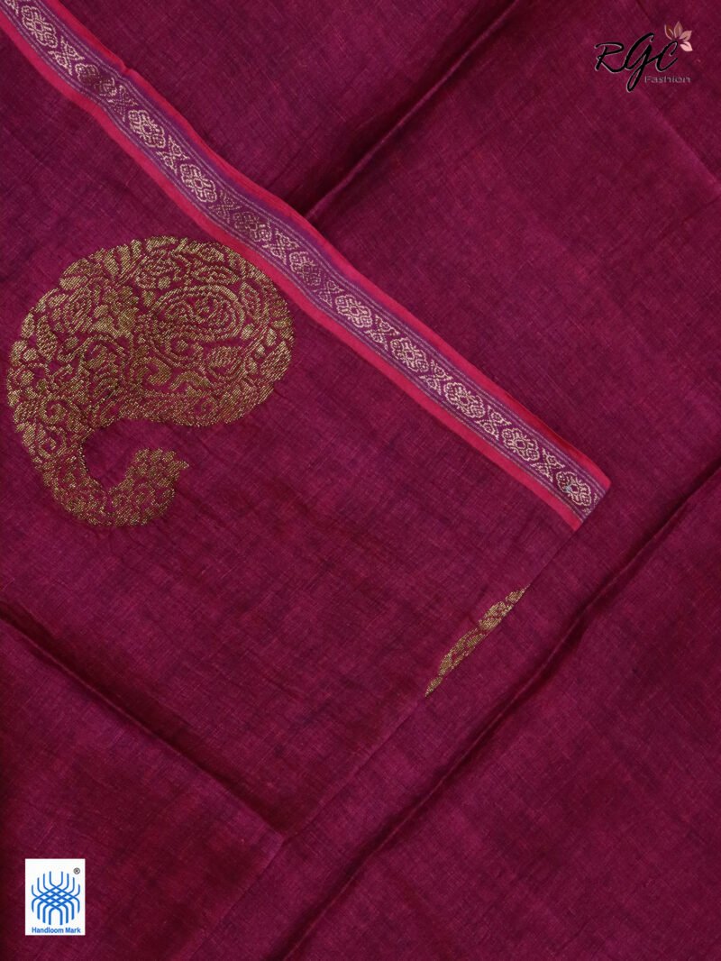Beetroot Paisly Organic Linen Jamdani Saree - Image 3