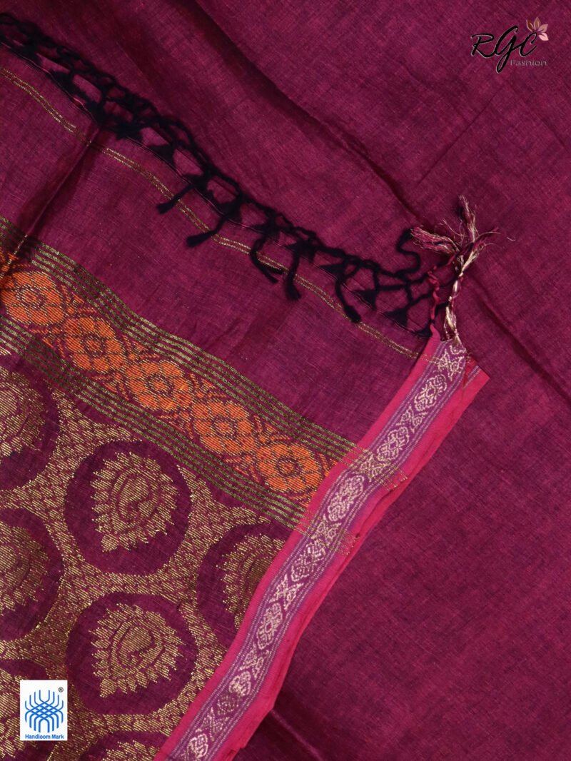 Beetroot Paisly Organic Linen Jamdani Saree - Image 4