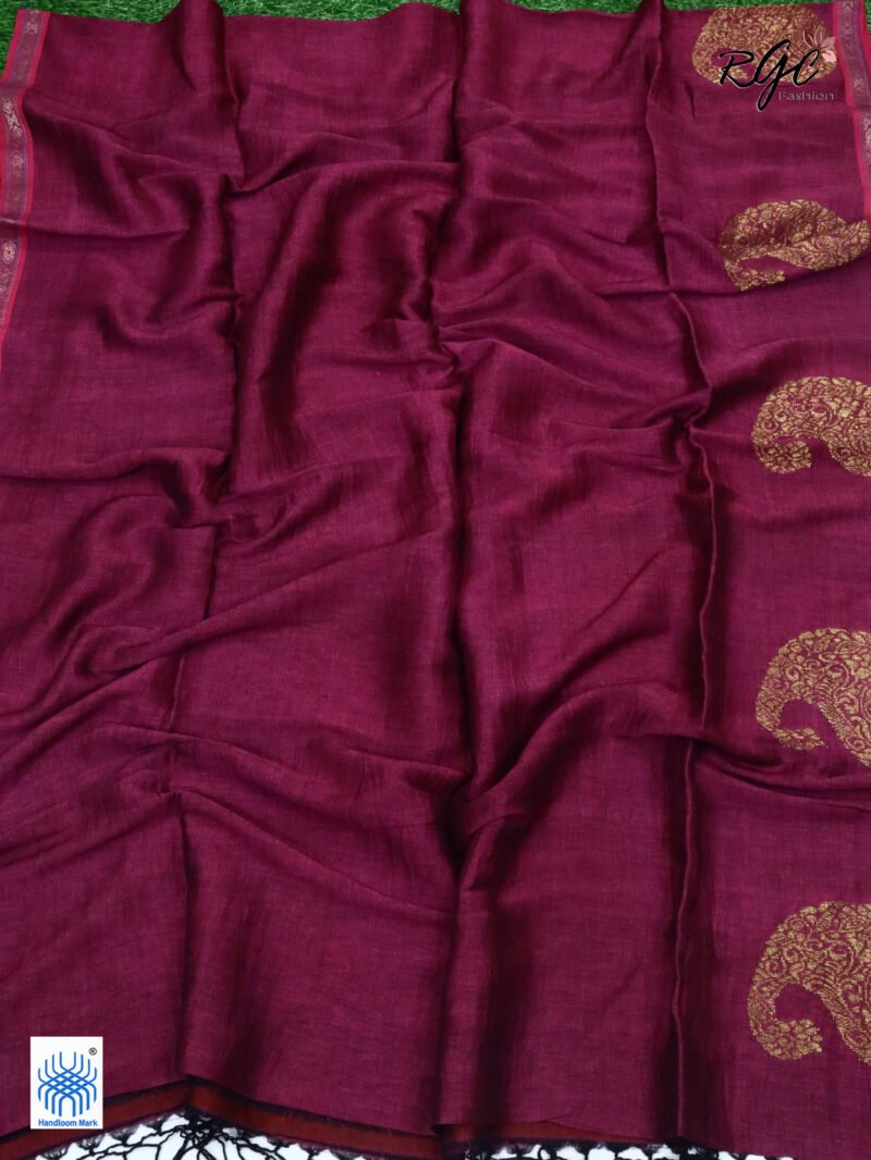 Beetroot Paisly Organic Linen Jamdani Saree - Image 6