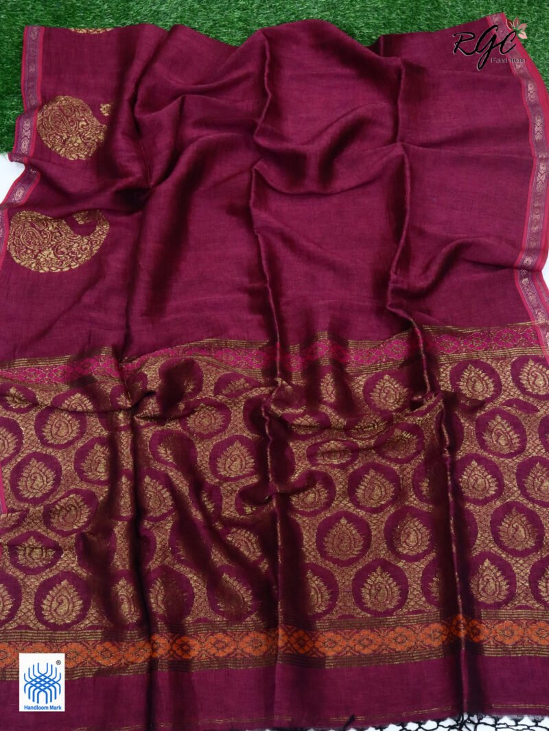 Beetroot Paisly Organic Linen Jamdani Saree - Image 7