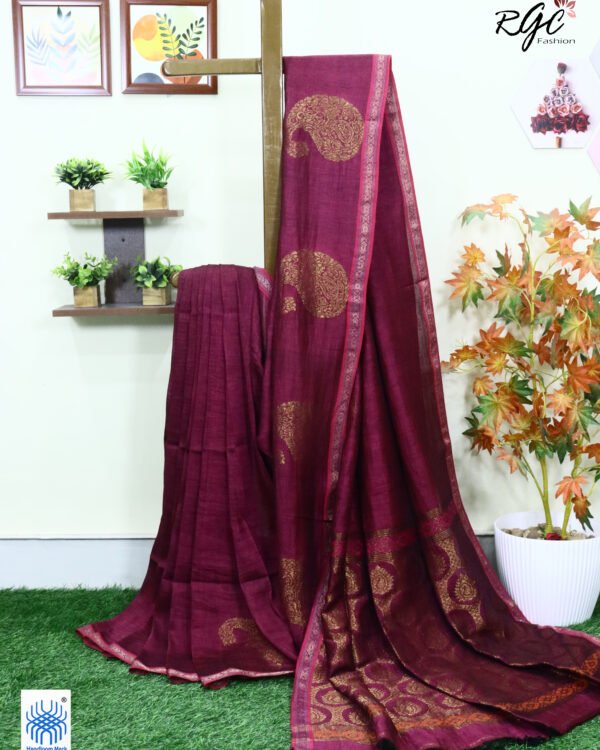 Beetroot Paisly Organic Linen Jamdani Saree