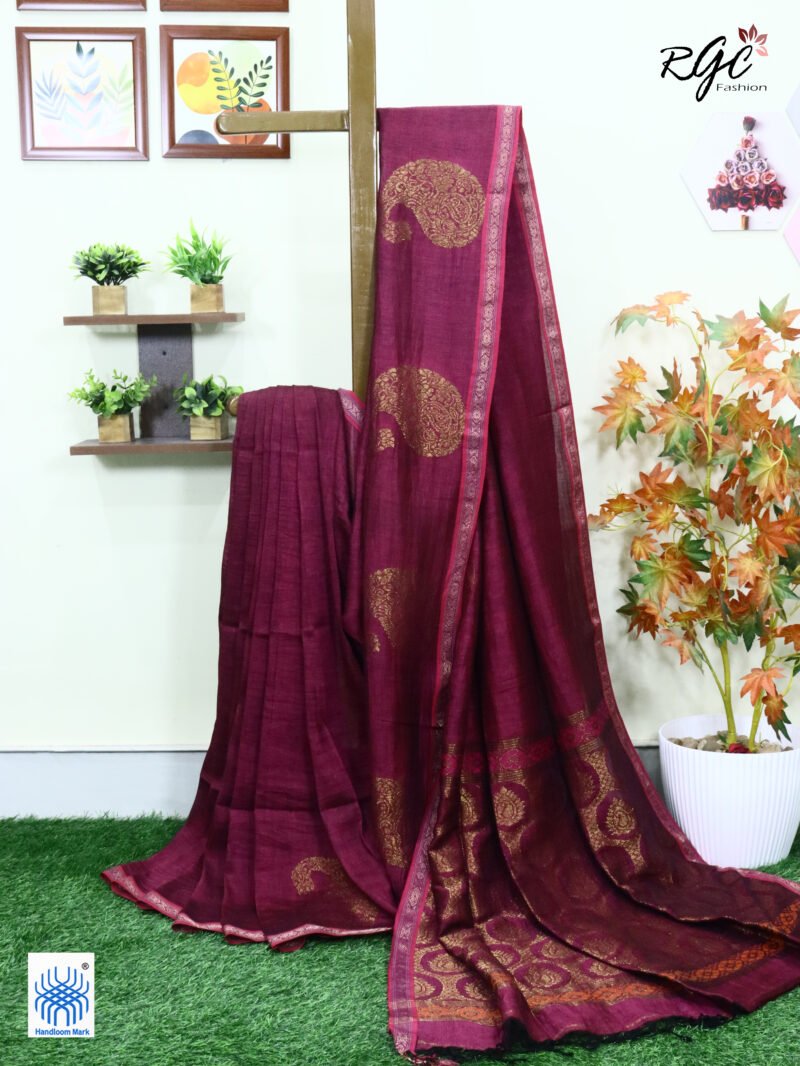 Beetroot Paisly Organic Linen Jamdani Saree