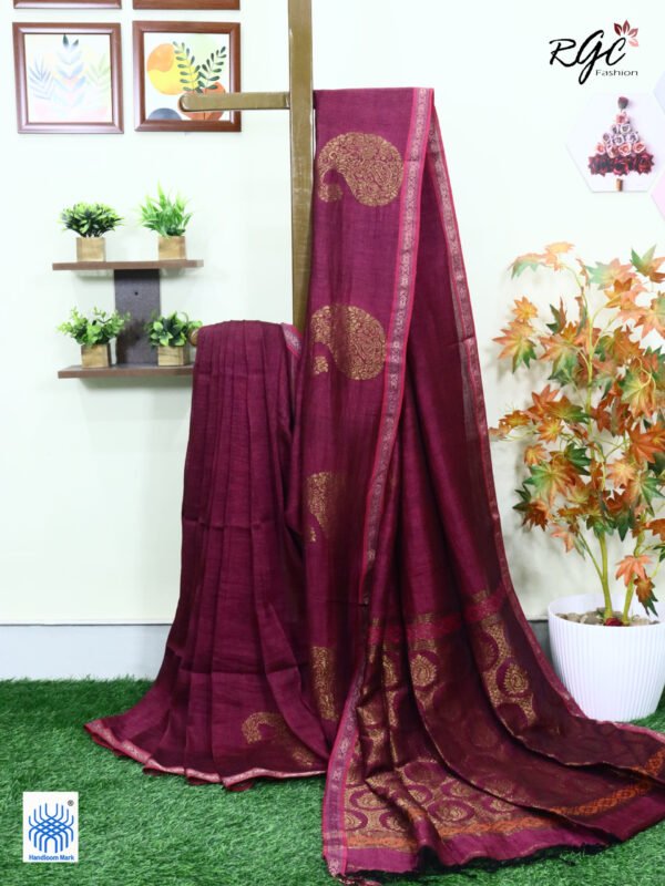 Beetroot Paisly Organic Linen Jamdani Saree