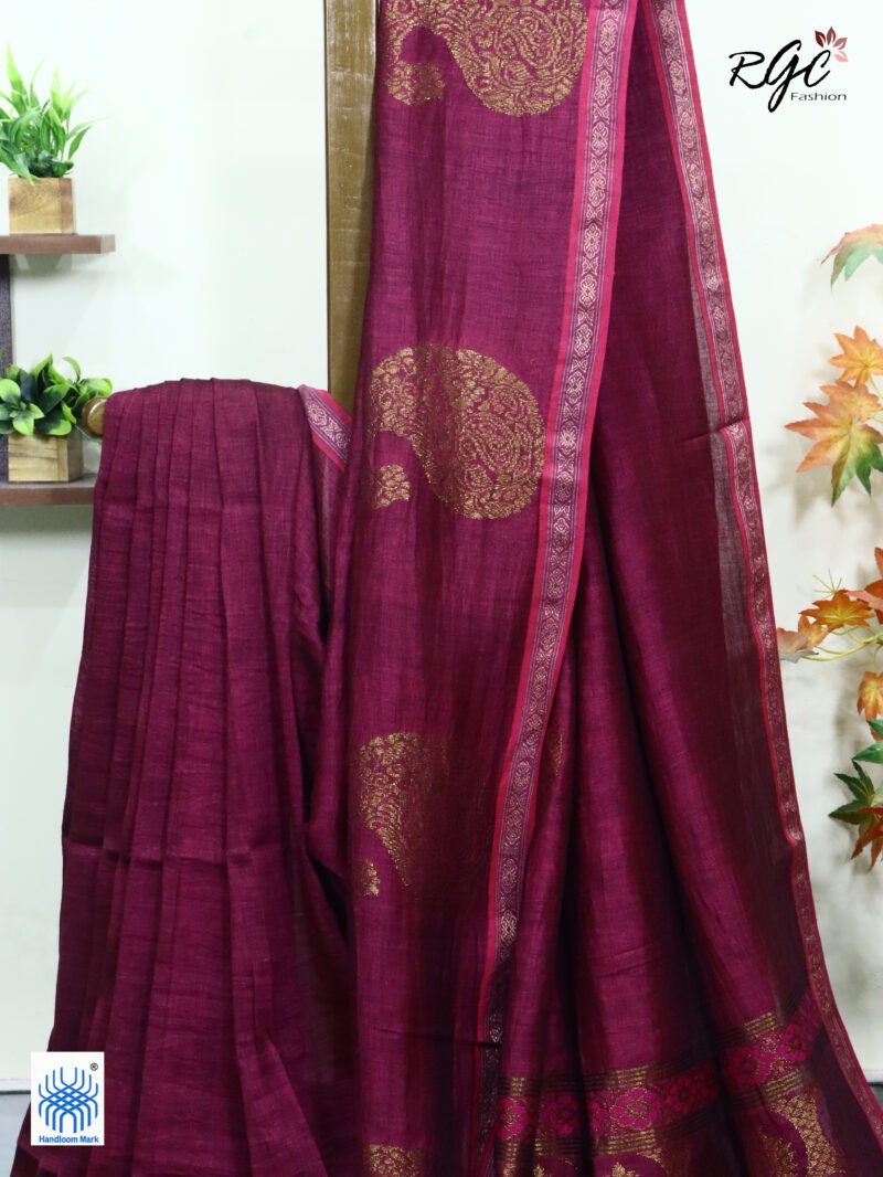 Beetroot Paisly Organic Linen Jamdani Saree - Image 8