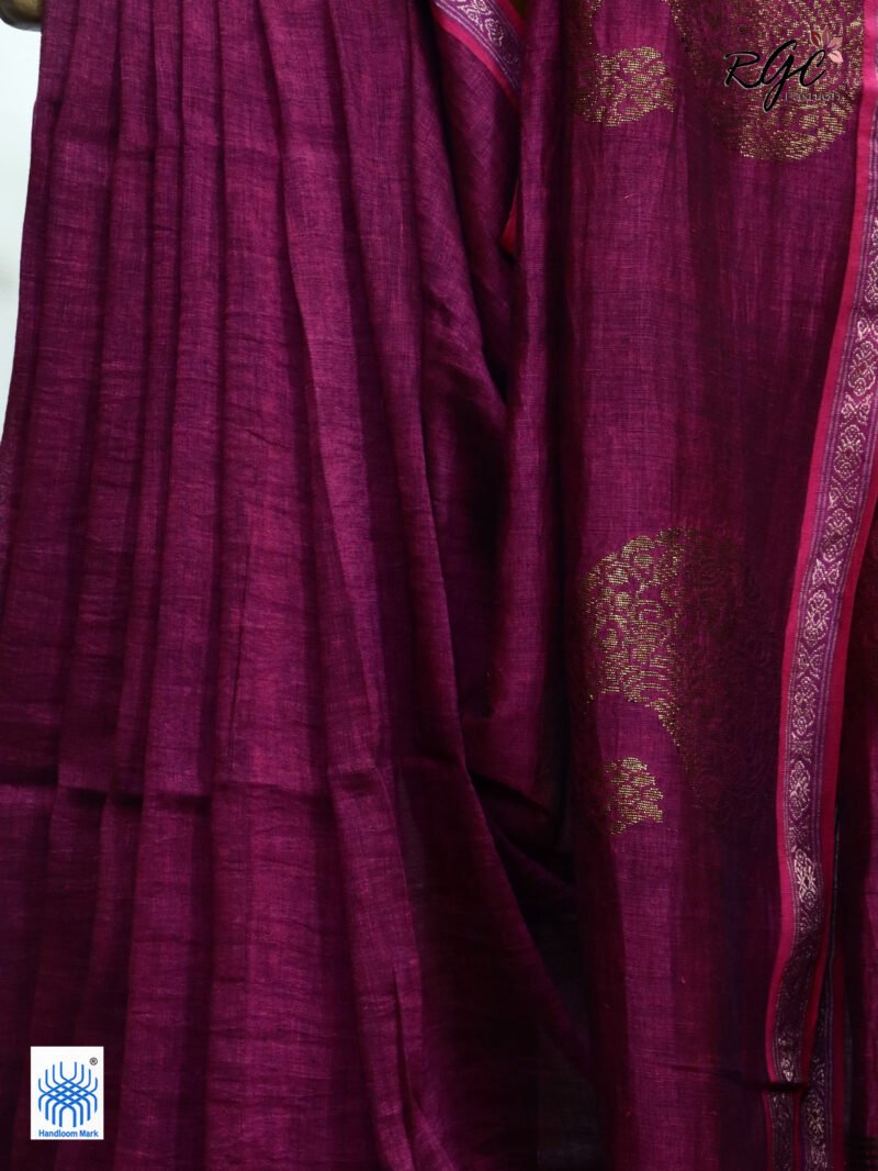 Beetroot Paisly Organic Linen Jamdani Saree - Image 9