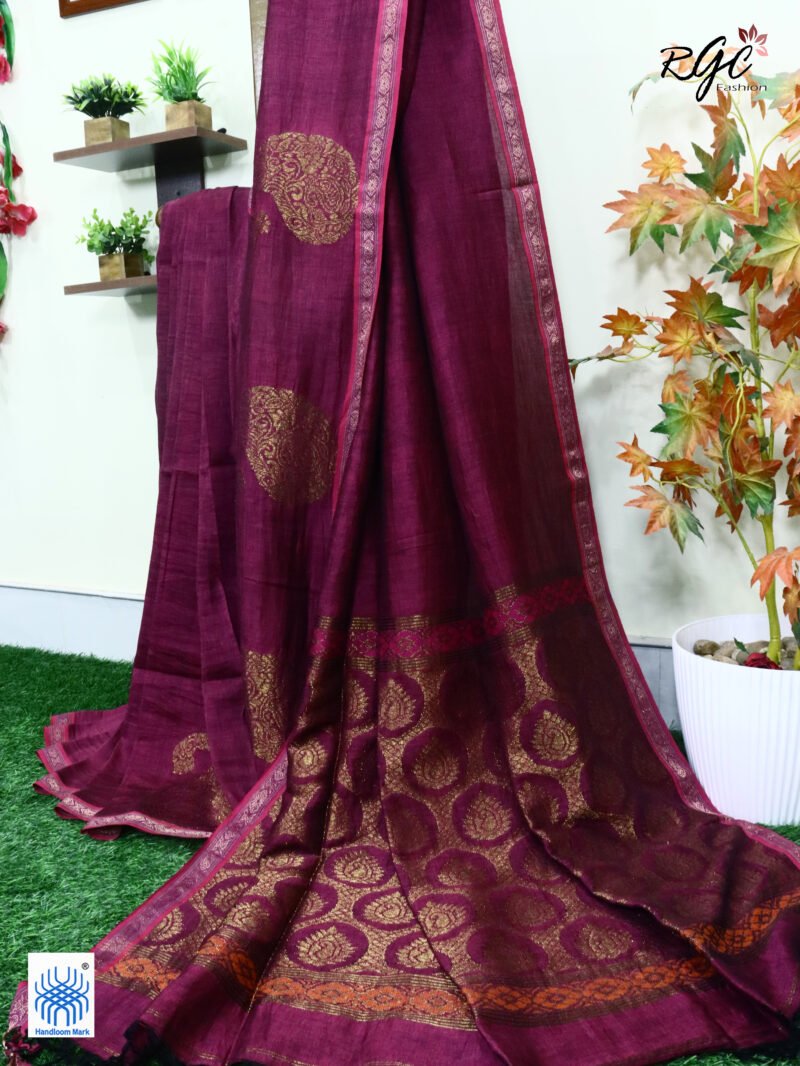 Beetroot Paisly Organic Linen Jamdani Saree - Image 10