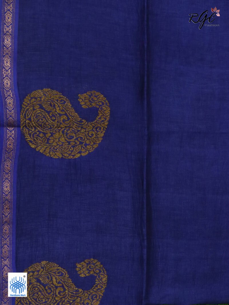 Navy Blue Paisly Organic Linen Jamdani Saree - Image 2