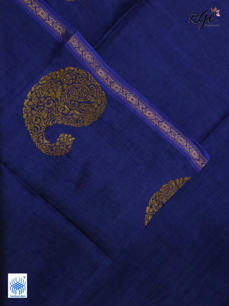 Navy Blue Paisly Organic Linen Jamdani Saree - Image 3