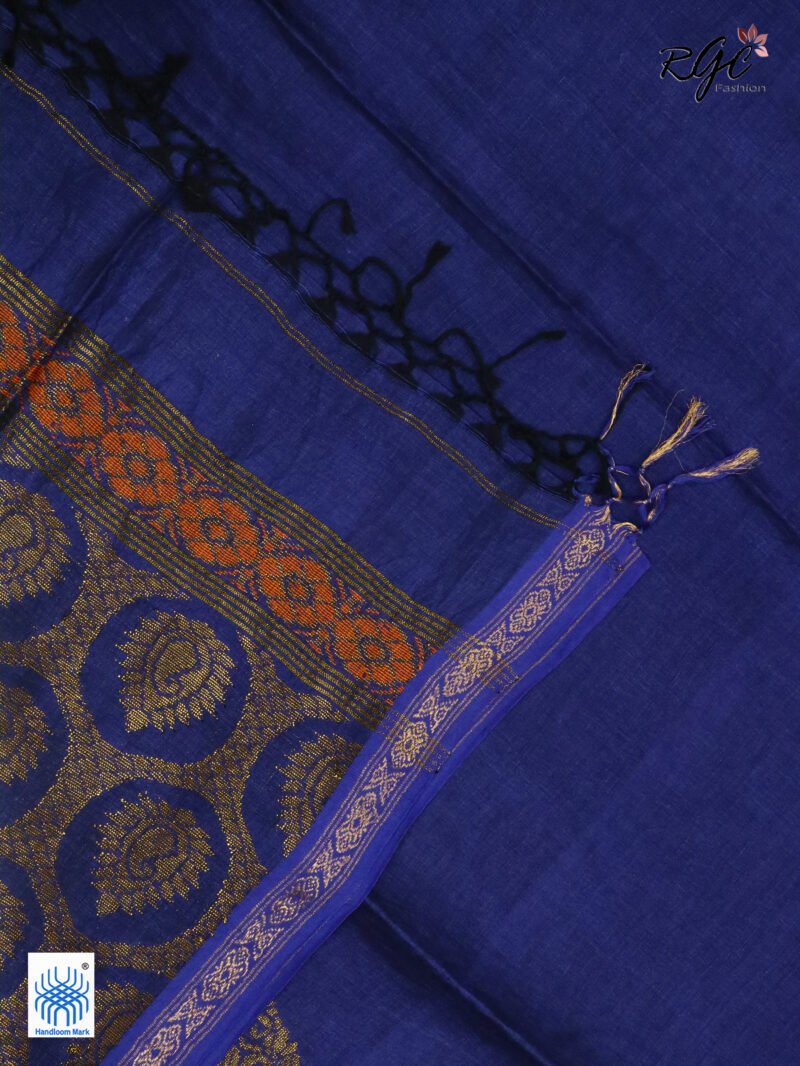 Navy Blue Paisly Organic Linen Jamdani Saree - Image 4