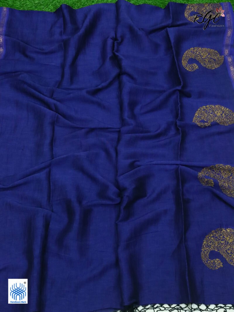 Navy Blue Paisly Organic Linen Jamdani Saree - Image 5
