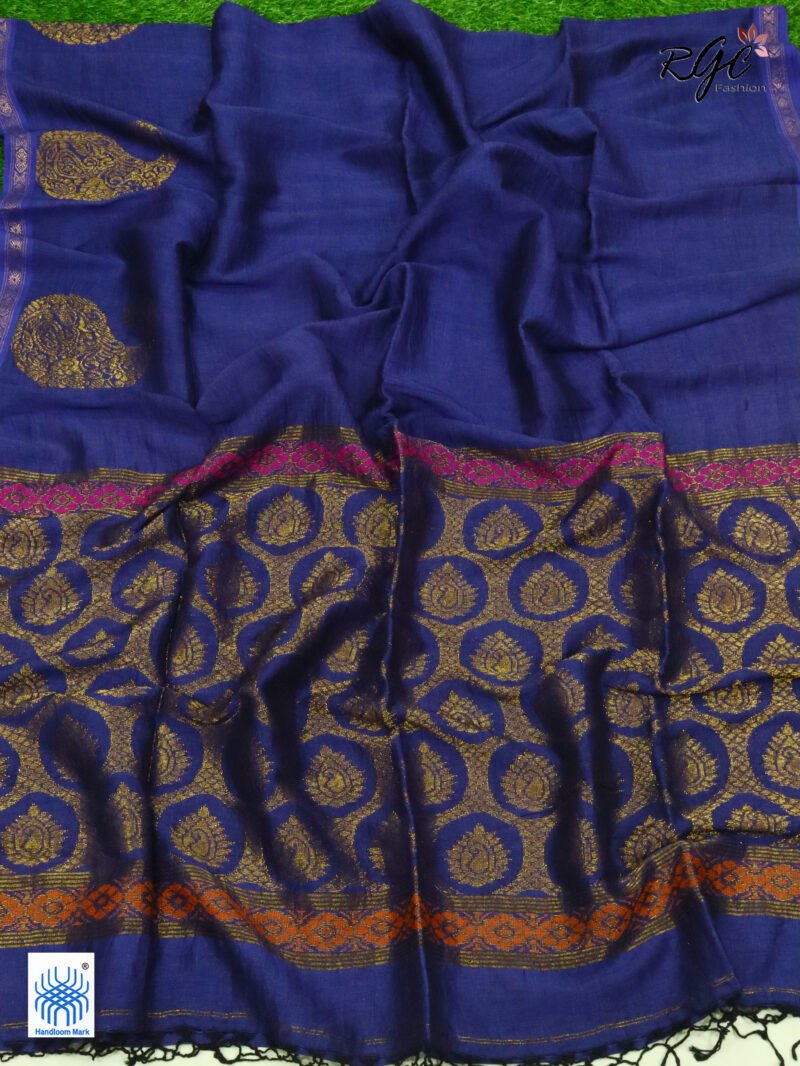 Navy Blue Paisly Organic Linen Jamdani Saree - Image 7