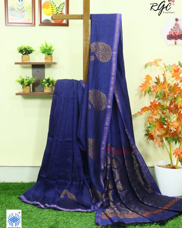 Navy Blue Paisly Organic Linen Jamdani Saree