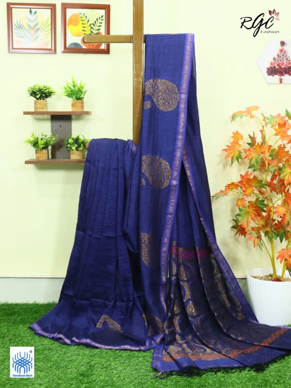 Navy Blue Paisly Organic Linen Jamdani Saree