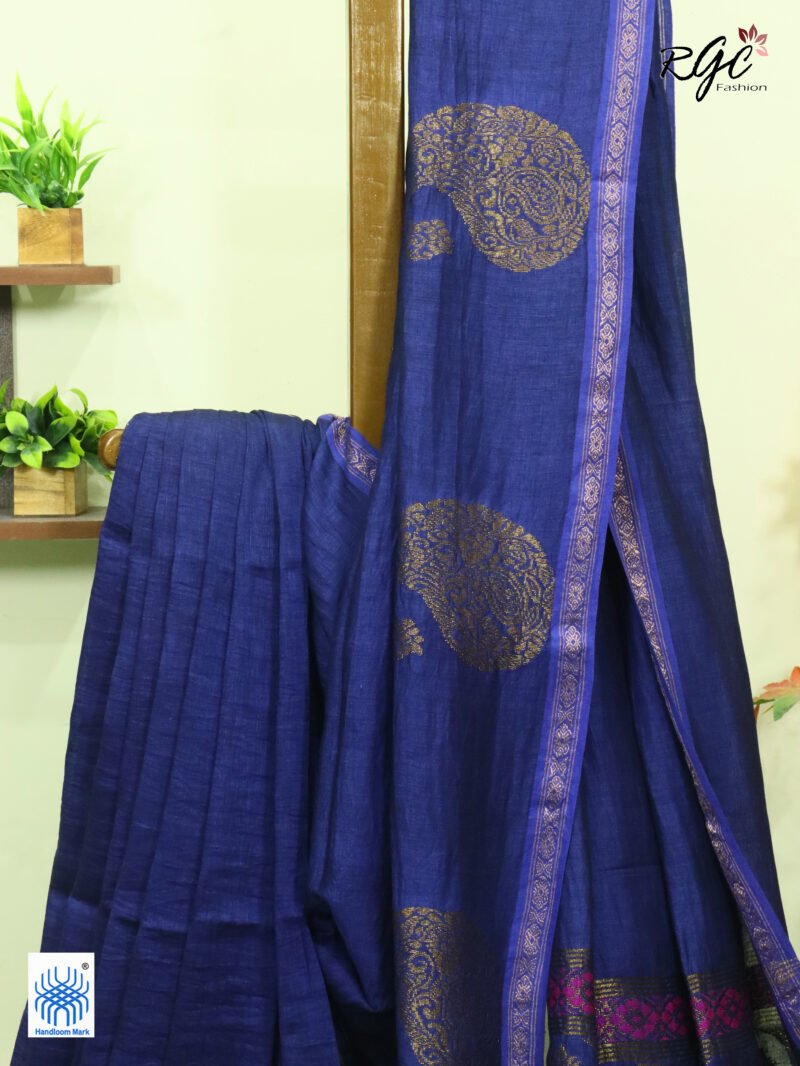 Navy Blue Paisly Organic Linen Jamdani Saree - Image 8