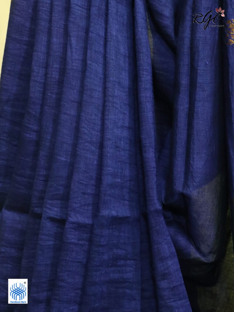 Navy Blue Paisly Organic Linen Jamdani Saree - Image 9