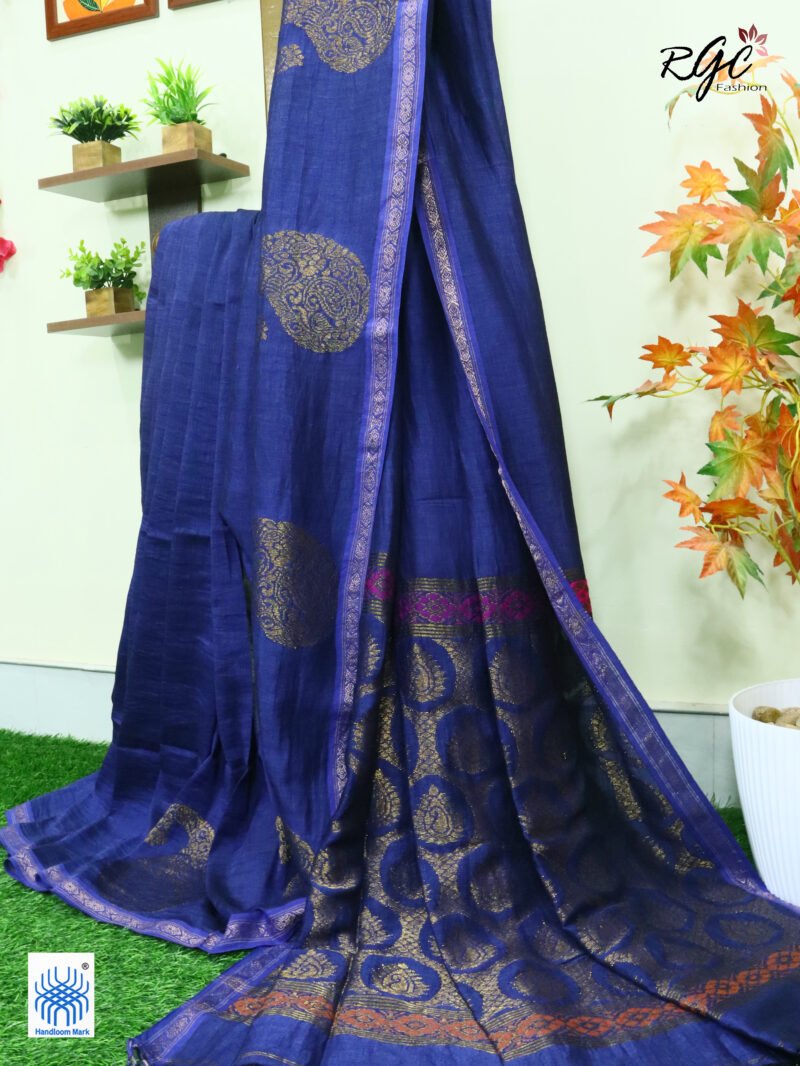 Navy Blue Paisly Organic Linen Jamdani Saree - Image 10