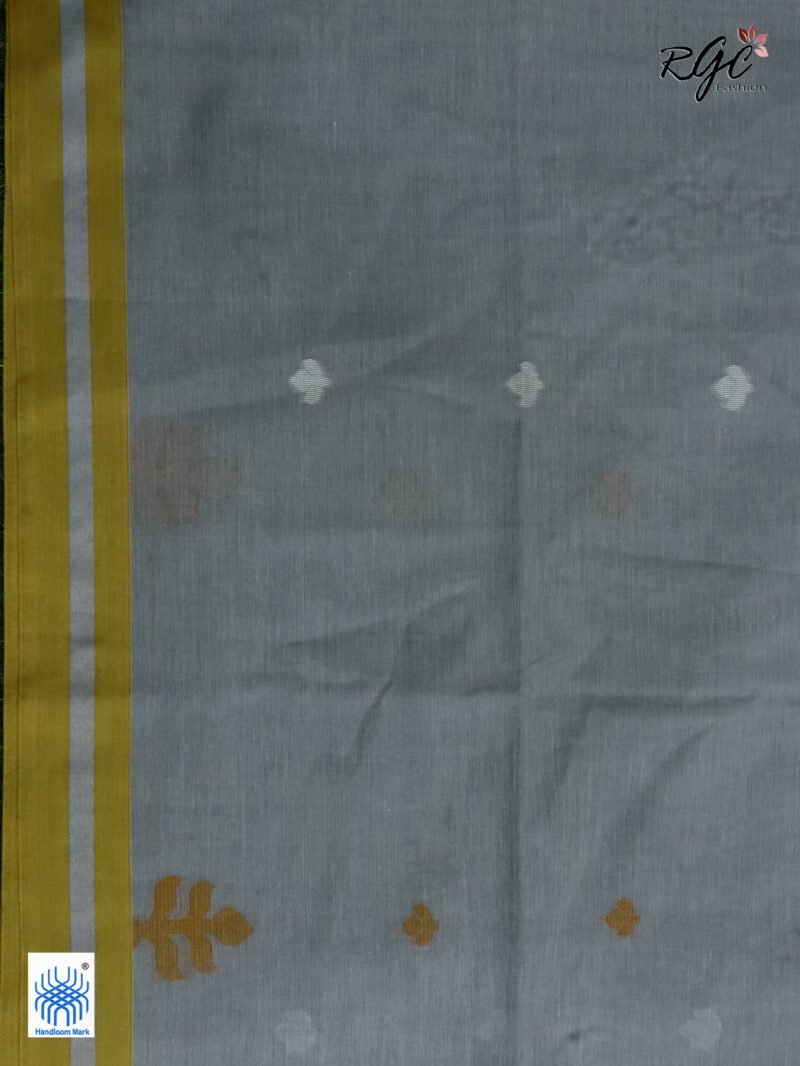 French Gray Handloom Khadi Cotton Dhakai Jamdani Saree - Image 7