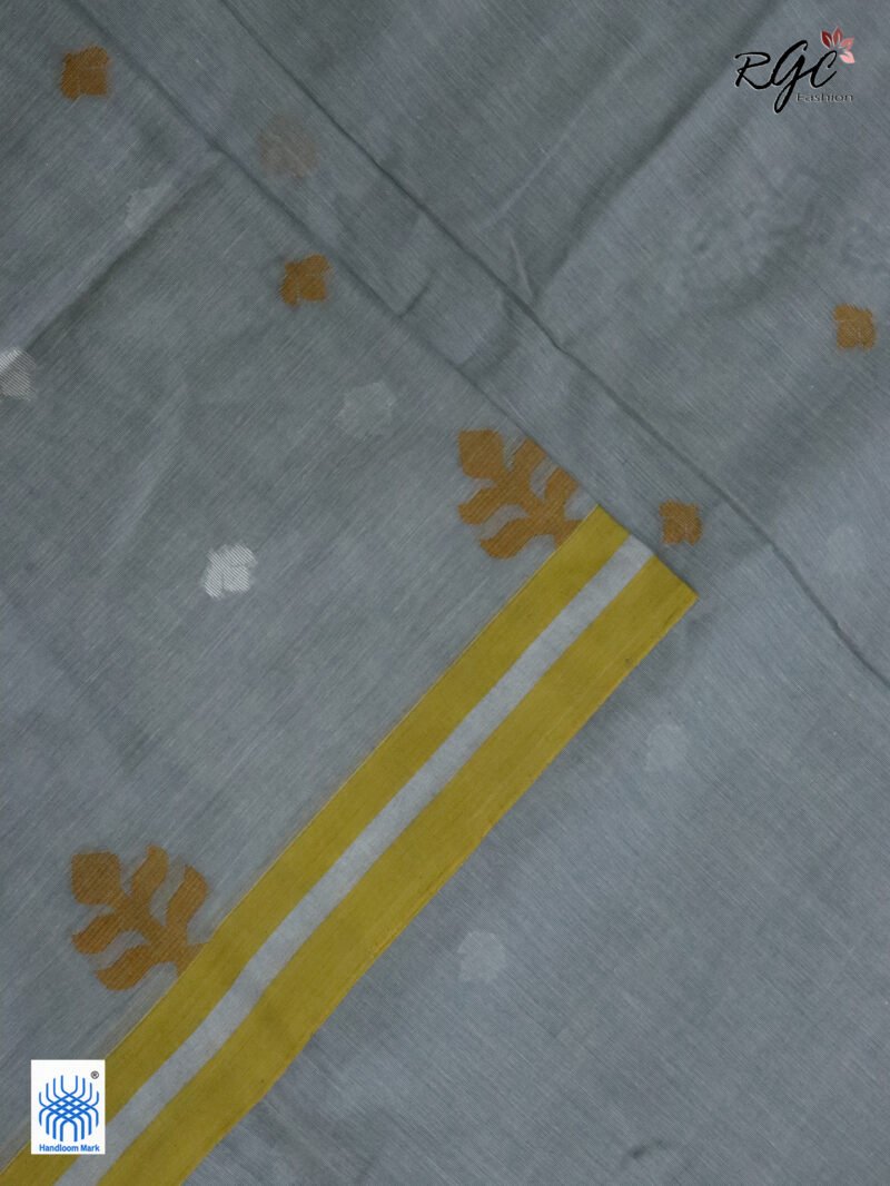 French Gray Handloom Khadi Cotton Dhakai Jamdani Saree - Image 6