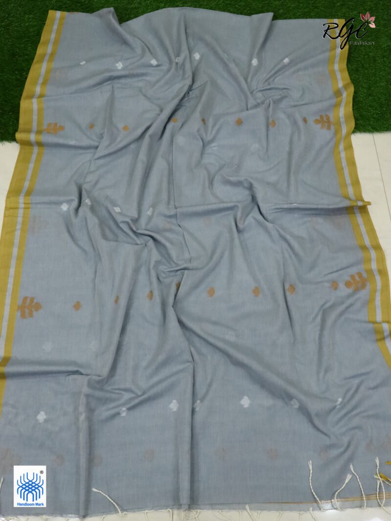 French Gray Handloom Khadi Cotton Dhakai Jamdani Saree - Image 4